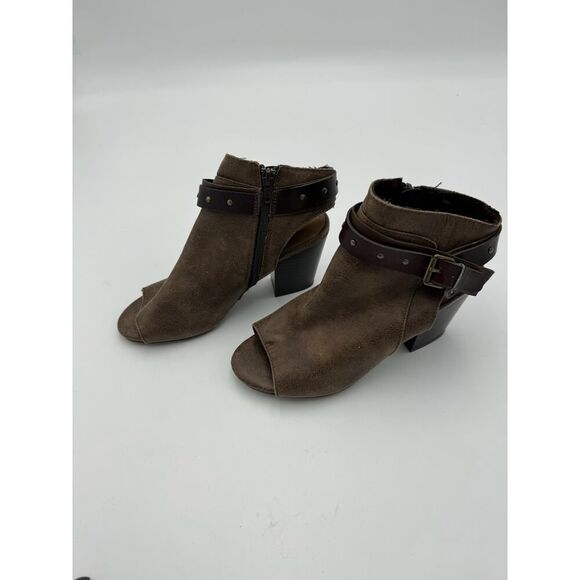 Francesca's Women's Size 7 Brown Suede Peep Toe Buckled Block Heels - Picture 1 of 6
